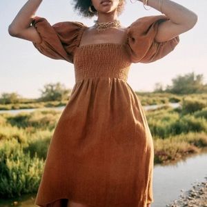 Sezane Carlie Smocked Caramel Nap Dress in US 14 NWT